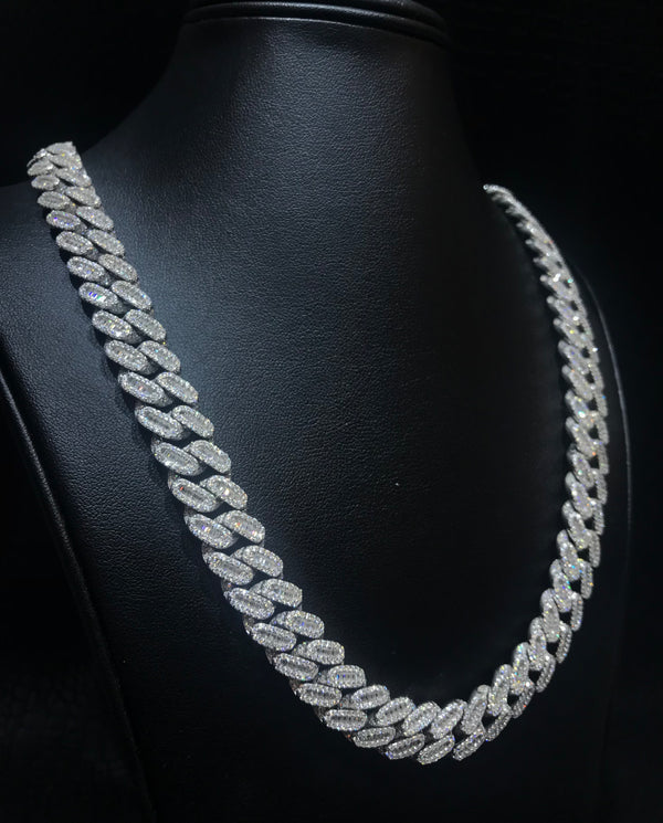 Solid 925 Sterling Silver 12MM Baguette Diamond Miami Cuban Link Chain