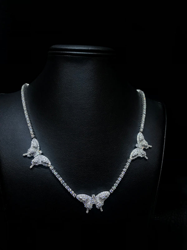 White Gold Butterfly Motif Tennis Chain - 10.68CT Moissanite Diamonds, 18 Inches